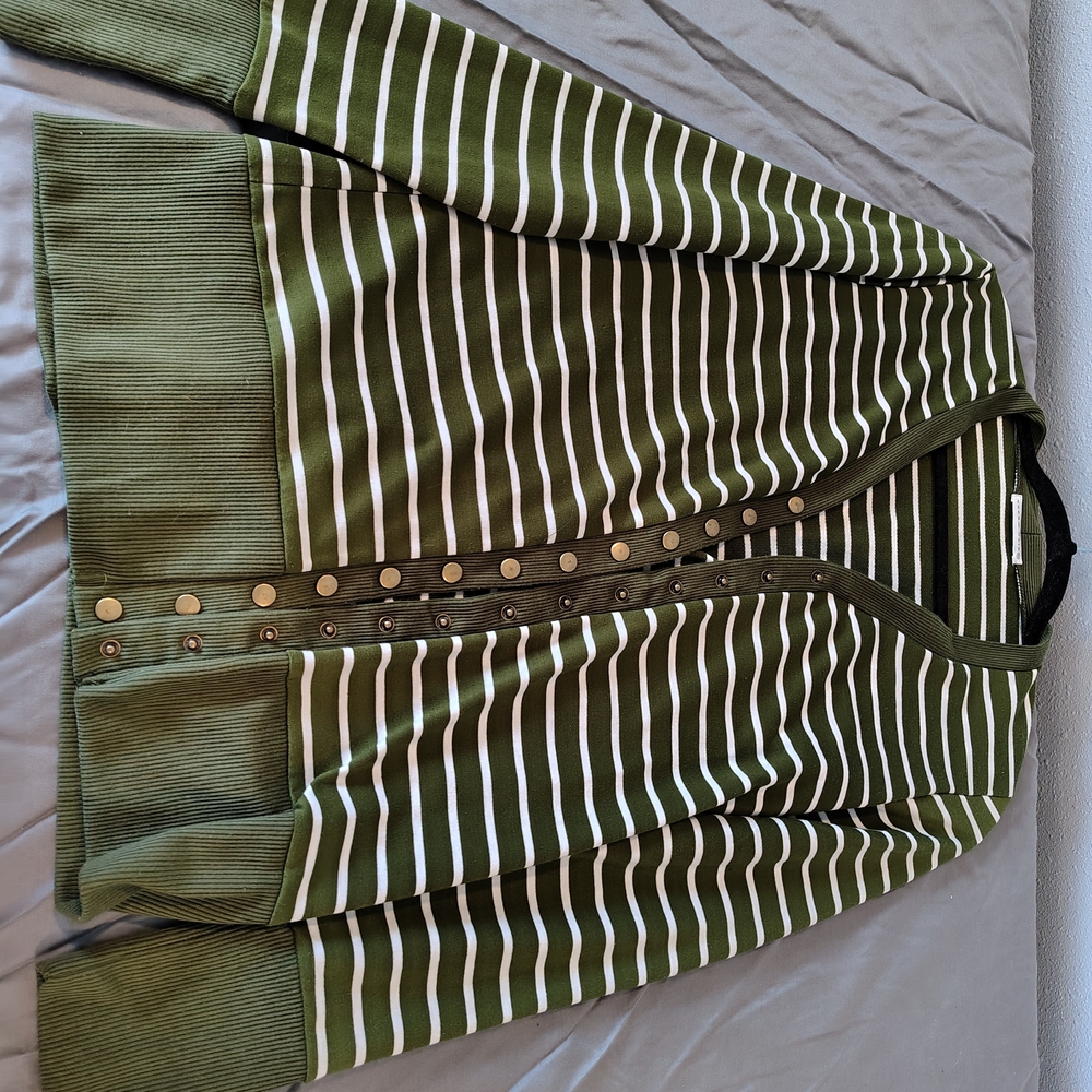 Green and White Striped Snap Front Cardigan